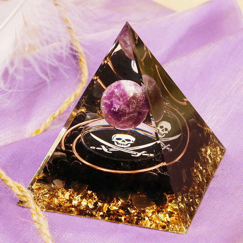 Ougin Amethyst Obsidian Skull Symbol Orgone Pyramid - Image 1